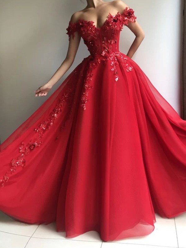 Robes de bal longues au sol en tulle élégant, sans manches, à épaules dénudées, coupe ligne A avec appliques