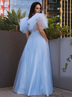 Abito da cerimonia lungo fino a terra con balze di tulle a linea ad A, maniche corte quadrate ed elegante