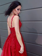 Robes de bal longues au sol en tulle élégant, sans manches, à encolure en V, avec applications, coupe en A