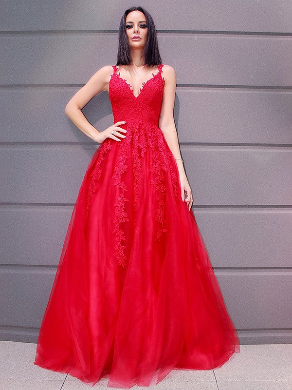 Robes de bal longues au sol en tulle élégant, sans manches, à encolure en V, avec applications, coupe en A