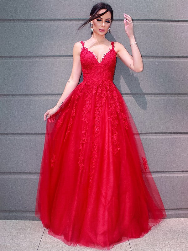 Robes de bal longues au sol en tulle élégant, sans manches, à encolure en V, avec applications, coupe en A