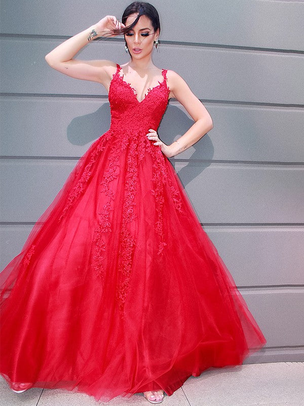 Robes de bal longues au sol en tulle élégant, sans manches, à encolure en V, avec applications, coupe en A