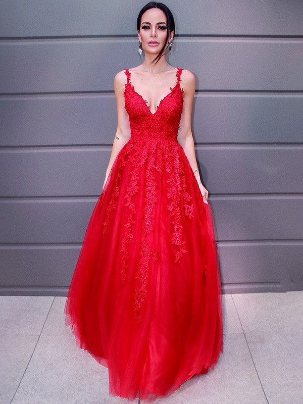 Robes de bal longues au sol en tulle élégant, sans manches, à encolure en V, avec applications, coupe en A