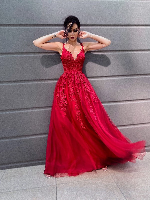 Robes de bal longues au sol en tulle élégant, sans manches, à encolure en V, avec applications, coupe en A