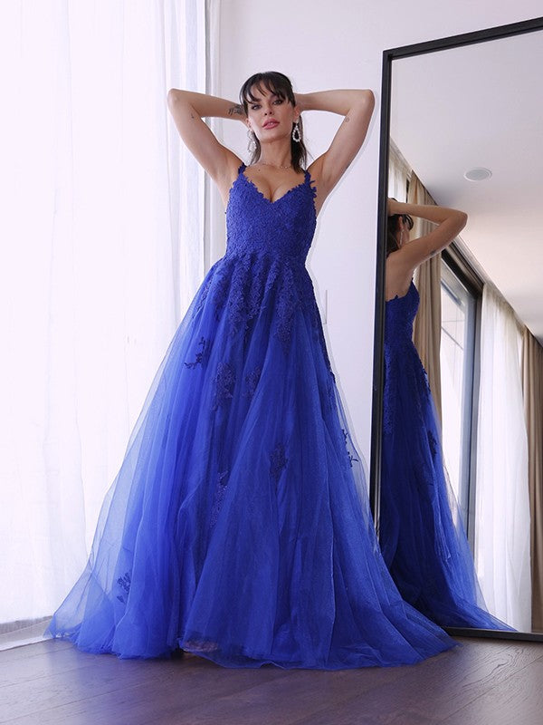 Robes de bal à appliques sans manches en tulle élégant à encolure en V et coupe en A