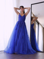 Robes de bal à appliques sans manches en tulle élégant à encolure en V et coupe en A