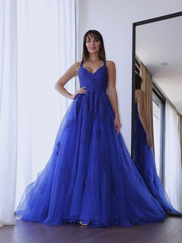 Robes de bal à appliques sans manches en tulle élégant à encolure en V et coupe en A