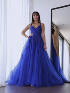 Robes de bal à appliques sans manches en tulle élégant à encolure en V et coupe en A
