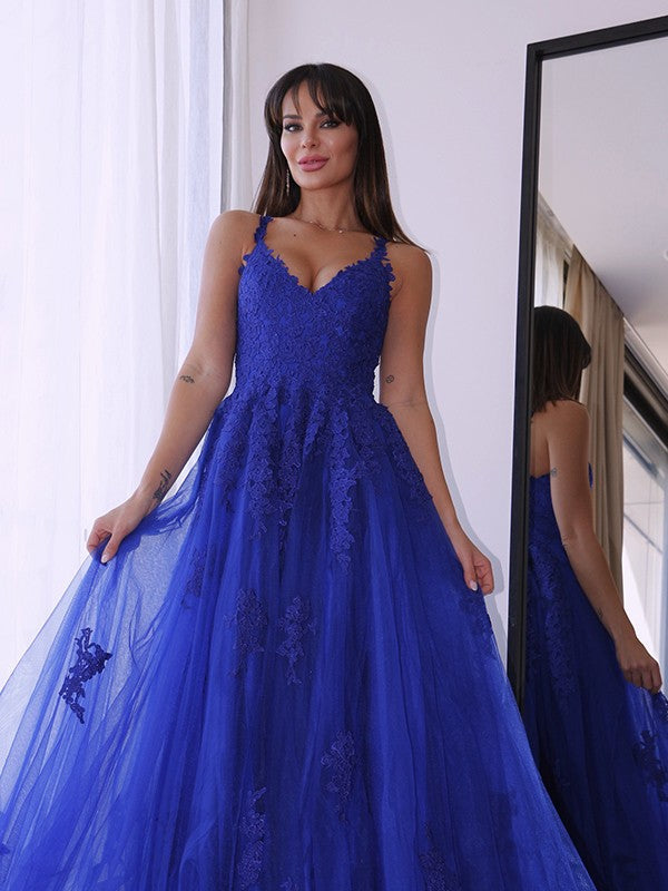 Robes de bal à appliques sans manches en tulle élégant à encolure en V et coupe en A
