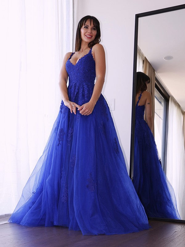 Robes de bal à appliques sans manches en tulle élégant à encolure en V et coupe en A