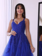 Robes de bal à appliques sans manches en tulle élégant à encolure en V et coupe en A