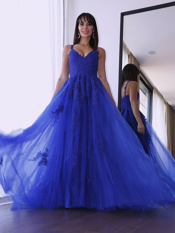 Robes de bal à appliques sans manches en tulle élégant à encolure en V et coupe en A