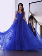 Robes de bal à appliques sans manches en tulle élégant à encolure en V et coupe en A