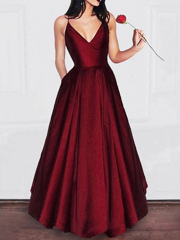 Robes de bal en satin à volants, longueur au sol, en ligne A, col en V élégant