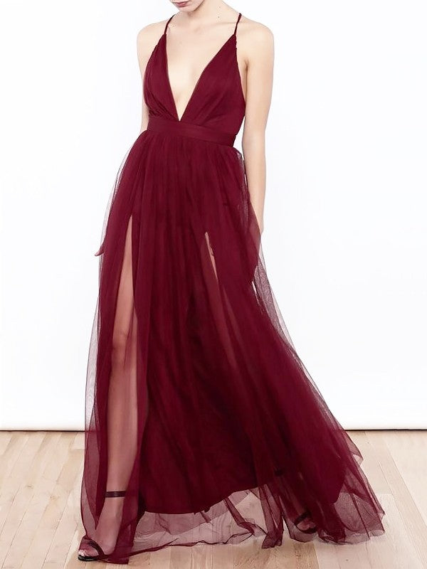 Robes de bal longues en tulle à volants, en ligne A, col en V élégant