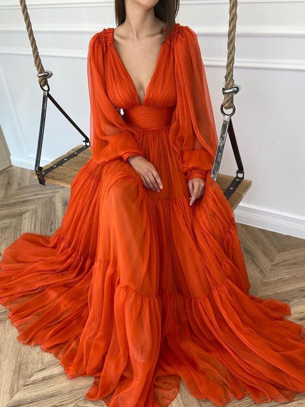 Abito da cerimonia a linea ad A/elegante con scollo a V, maniche lunghe, volant 3D in chiffon