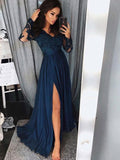 Abito da cerimonia a linea ad A/elegante con scollo a V, maniche lunghe, applicazioni e drappeggi in satin chiffon