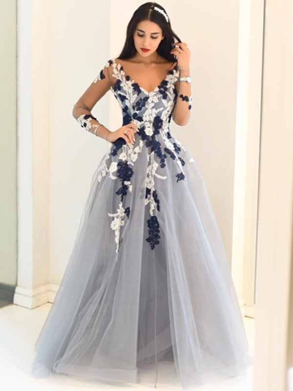 Abito da cerimonia lungo in tulle con maniche lunghe, scollo a V elegante e applicazioni a linea ad A