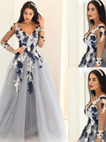 Abito da cerimonia lungo in tulle con maniche lunghe, scollo a V elegante e applicazioni a linea ad A