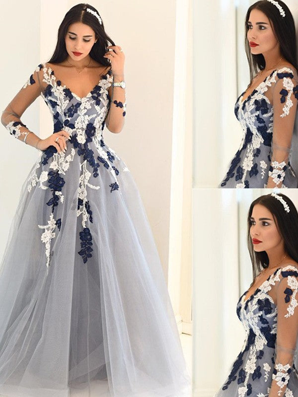Abito da cerimonia lungo in tulle con maniche lunghe, scollo a V elegante e applicazioni a linea ad A