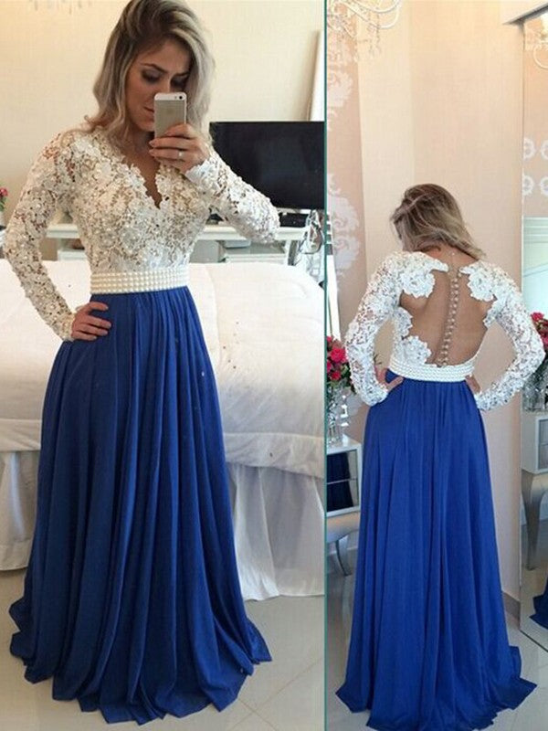 Abito da sera lungo in chiffon con scollo a V elegante a linea ad A e maniche lunghe, decorato con perle