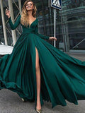 Abito da cerimonia lungo in satin chiffon con scollo a V elegante, maniche lunghe, orlo a balze e linea a trapezio