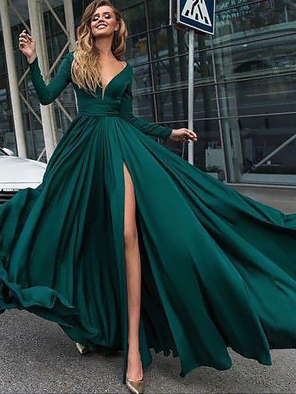 Abito da cerimonia lungo in satin chiffon con scollo a V elegante, maniche lunghe, orlo a balze e linea a trapezio