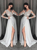 Abito da cerimonia a linea ad A/elegante con scollo a V, maniche lunghe in pizzo e chiffon
