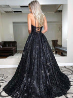 Robes de bal à paillettes sans manches à encolure en V élégante et ligne A