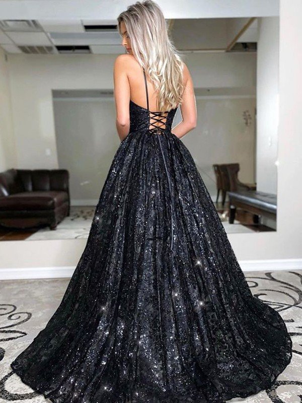 Robes de bal à paillettes sans manches à encolure en V élégante et ligne A