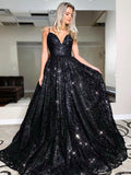 Robes de bal à paillettes sans manches à encolure en V élégante et ligne A