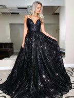 Robes de bal à paillettes sans manches à encolure en V élégante et ligne A