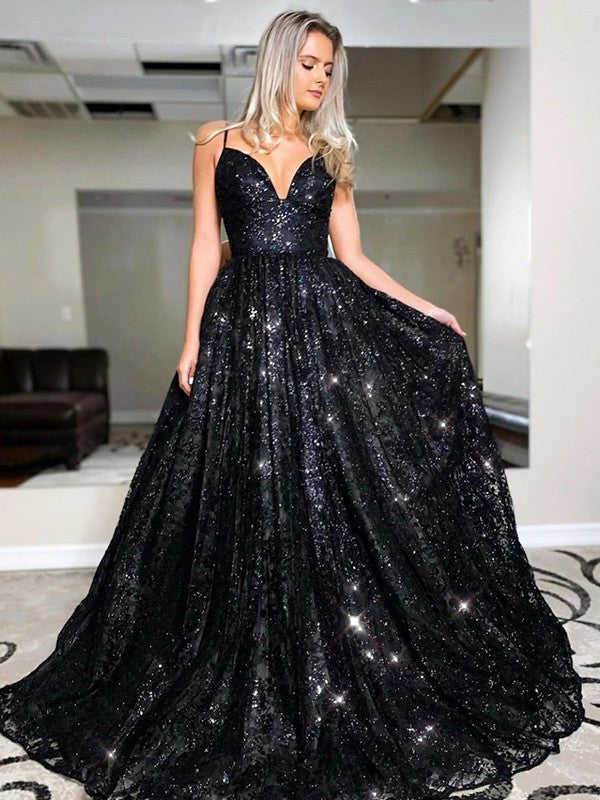 Robes de bal à paillettes sans manches à encolure en V élégante et ligne A