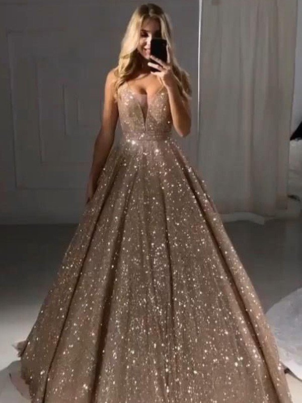 Robes de bal longues au sol sans manches à volants, col en V élégant en forme de A, ornées de paillettes