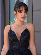 Vestidos de fiesta elegantes con lentejuelas, escote en V y corte A, sin mangas