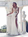 A-Linie/Elegant V-Ausschnitt Kurze Ärmel Spitze Bodenlang Chiffon Abiballkleider