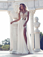 A-Linie/Elegant V-Ausschnitt Kurze Ärmel Spitze Bodenlang Chiffon Abiballkleider