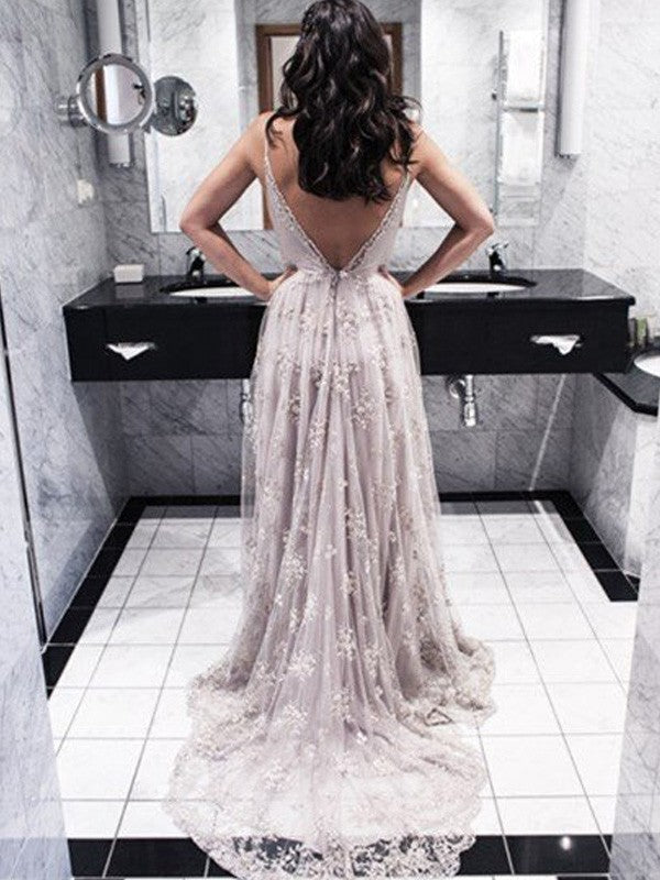 Robes de bal en dentelle à appliques, sans manches, col en V, coupe en A / élégantes