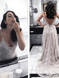 Robes de bal en dentelle à appliques, sans manches, col en V, coupe en A / élégantes