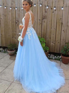Robes de bal en tulle à appliques, sans manches, col en V, coupe en A/élégante