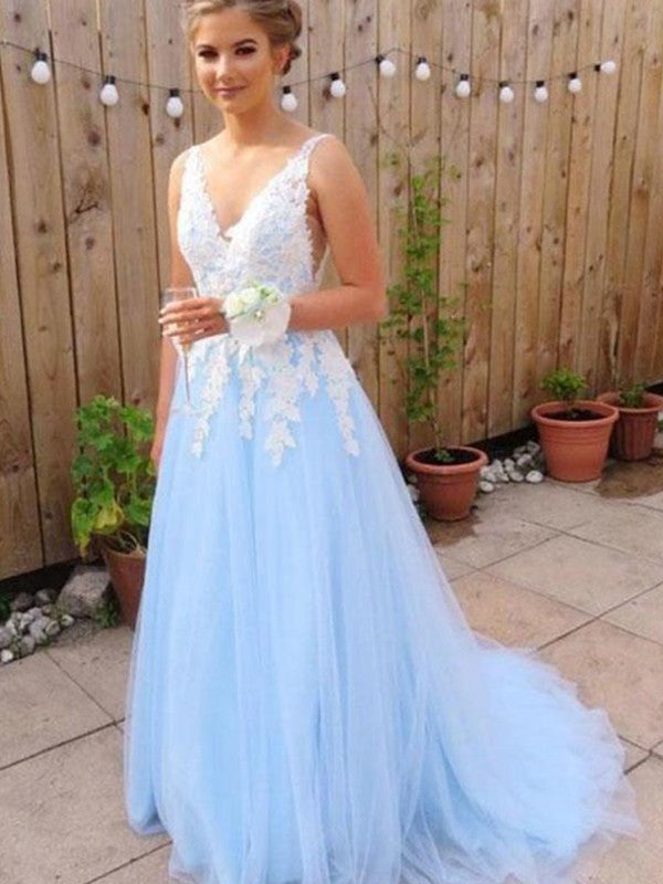 Robes de bal en tulle à appliques, sans manches, col en V, coupe en A/élégante