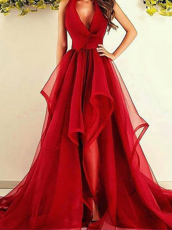 Robes de bal en organza à volants asymétriques, sans manches, col en V élégant, coupe en A