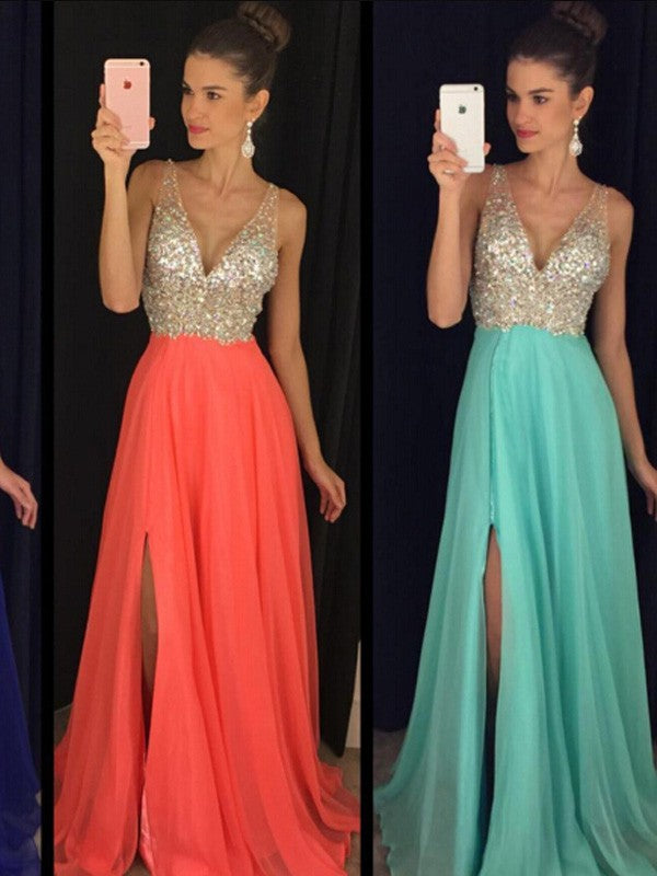 Robes de bal longues en mousseline à perles, sans manches, col en V, coupe en A/élégante