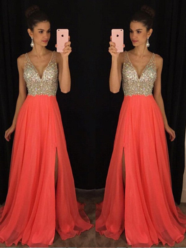 Robes de bal longues en mousseline à perles, sans manches, col en V, coupe en A/élégante
