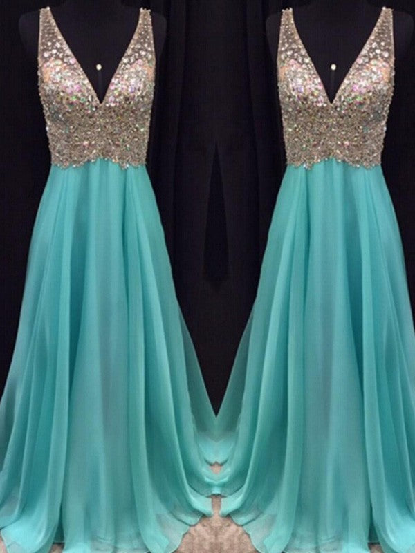 Robes de bal longues en mousseline à perles, sans manches, col en V, coupe en A/élégante
