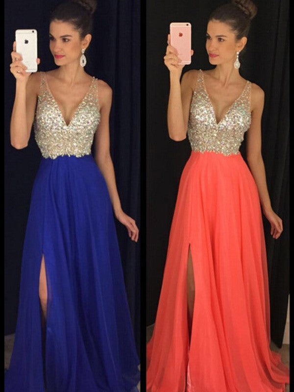 Robes de bal longues en mousseline à perles, sans manches, col en V, coupe en A/élégante