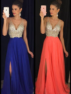 Robes de bal longues en mousseline à perles, sans manches, col en V, coupe en A/élégante