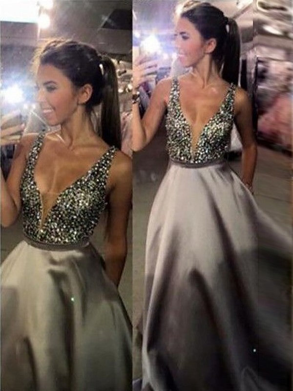 Robes de bal en satin à perles, sans manches, col en V, coupe en A / élégante