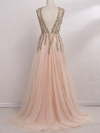Robes de bal en tulle sans manches à perles, col en V élégant, coupe en A