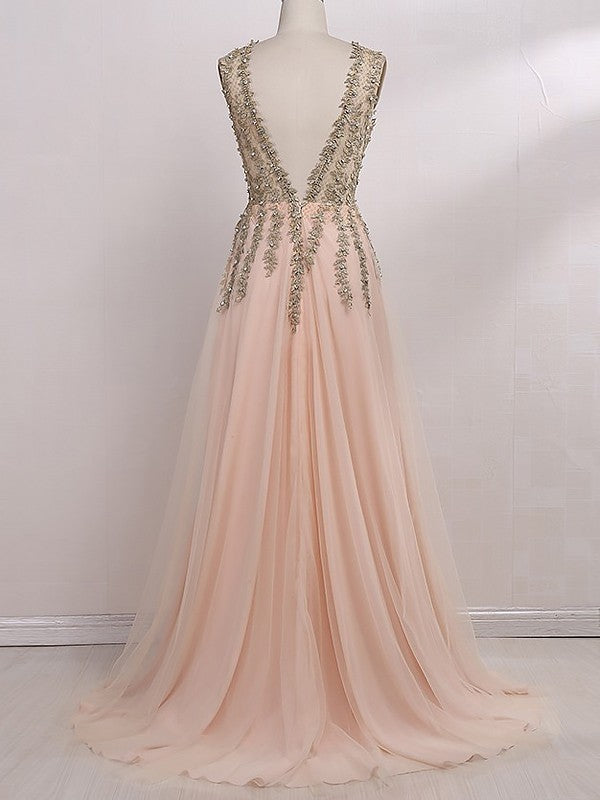 Robes de bal en tulle sans manches à perles, col en V élégant, coupe en A
